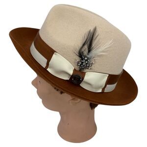 Fedora Wool Hat Medium felt raw edge snap brim 2-tone red cream pinch front